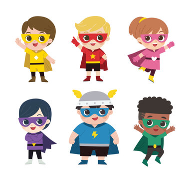 Superhero kids. Boys and girls in colorful superhero costumes of various superheroes.