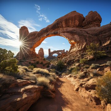 Photo of Canyonlands and sandstone arches. Generative AI