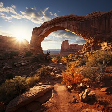 Photo of Canyonlands and sandstone arches. Generative AI
