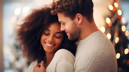 Happy young interracial married couple at christmas celebration. Christmas tree with a luminous garland in the background. Ai generated