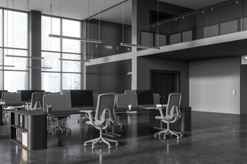 Grey office workplace interior with pc desktop and glass room, panoramic window