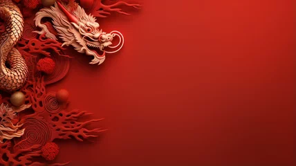 Foto op Canvas 3D rendered images of Chinese and Japanese style red dragons. Has a pastel colored background. For various designs or festivals such as New Year, carnival, abstract. © Rassamee