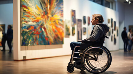 A wheelchair user exploring an art gallery - obrazy, fototapety, plakaty