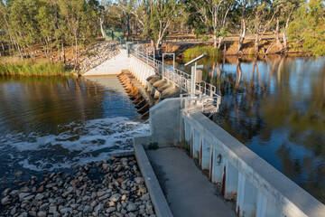 Aerial view of water flowing over a weir on a calm river with gum trees on the banks