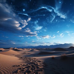 Photo of desert dunes under a starry sky. Generative AI