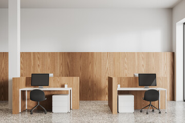 White and wooden coworking office interior - obrazy, fototapety, plakaty