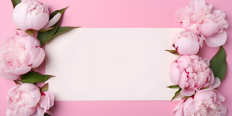 Beautiful pink peony flowers on white card,Elegant Peony Floral Design