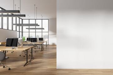 Panoramic white open space office interior with empty wall