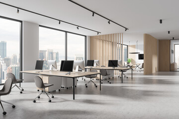 Modern office interior with work and meeting space, panoramic window
