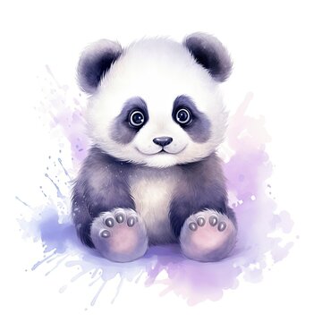 Watercolor fantasy Baby Panda clip art isolated white background. AI Generated