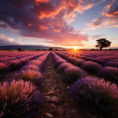 Photo of rolling lavender fields in Provence. Generative AI