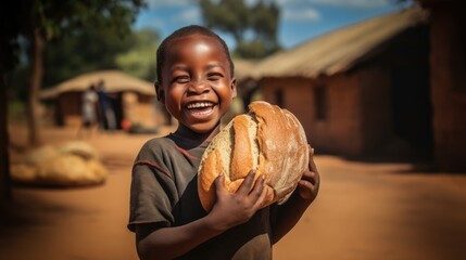 African child with basket of bread smiling in Africa
