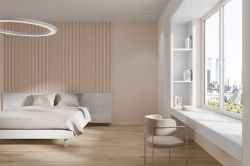 Elegant home bedroom interior with learn and sleep area, panoramic window
