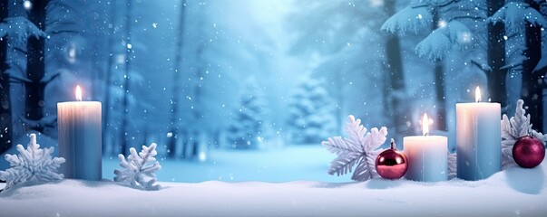 Winter Forest Landscape With Burning Candles Christmas Decoration. AI Generated
