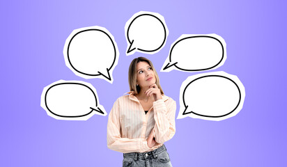Pensive woman with hand on chin, copy space empty speech bubbles