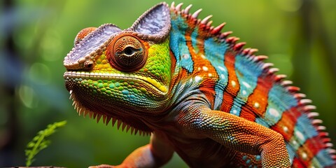 Obraz premium A colorful close up chameleon with a high crest on its head. Generative AI