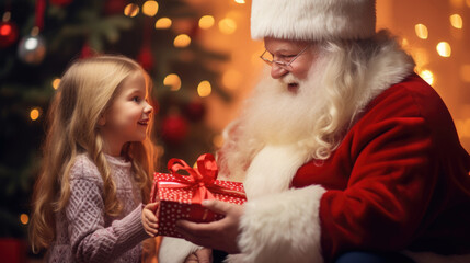 Santa Claus gives a gift to a girl.