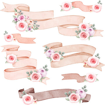 Watercolor Illustration set of Vintage Ribbon Banner and Flowers