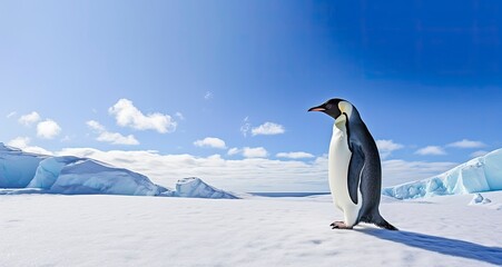 Penguin standing in Antarctica looking into the blue sky. AI Generated