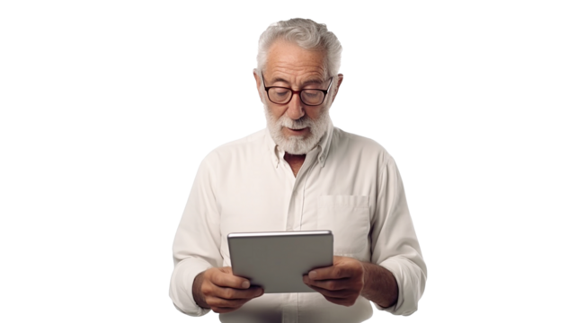 senior man with a tablet on white background