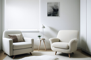 White bedroom with screen, bed, armchair, bookshelf, lamp and pouf.