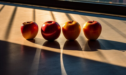 Red and yellow ripe apples on a beige surface in hard oblique lighting with sharp shadows and a black background.