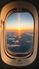 Naklejka premium View from the porthole of an airplane with a beautiful sunset.