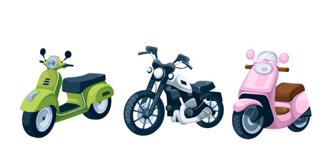 Scooters and motorcycle set vector illustration. Cartoon isolated different motor city transport collection with black modern motorbike, retro pink moped for girl driver, green scooter for travel