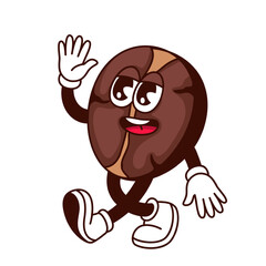 Groovy coffee bean character vector illustration. Cartoon isolated retro funny brown mascot with arms and legs walking to coffee party or break, waving with friendly expression on happy cute face