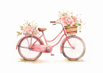 Fototapeta na wymiar Watercolor illustration of pink kid's bicycle with flowers on a white background