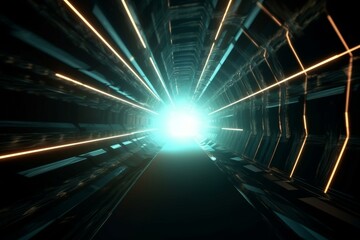 Abstract futuristic lights tunnel, time warp, space travel - 3D rendered background. Generative AI