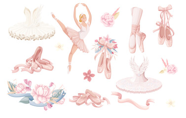 Ballet set vector illustration. Cartoon isolated classic ballet dance collection with ballerina dancing in tutu and pointes, legs of female dancer, slippers for performance, flowers and music notes - obrazy, fototapety, plakaty