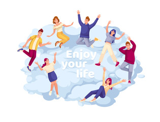 Enjoy your life banner design vector illustration. Cartoon happy young people enjoy dream moment, freedom with active energetic jumps on flying cloud, excited funny teenages dance with smiles