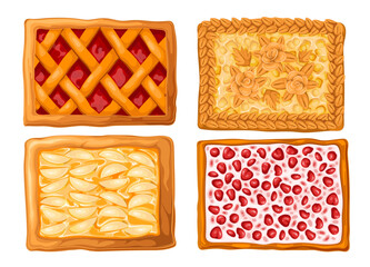 Sweet pies set, top view vector illustration. Cartoon isolated bakery and homemade collection of different rectangular fruit and berry pies, cakes and tart with baked gourmet filling and crust