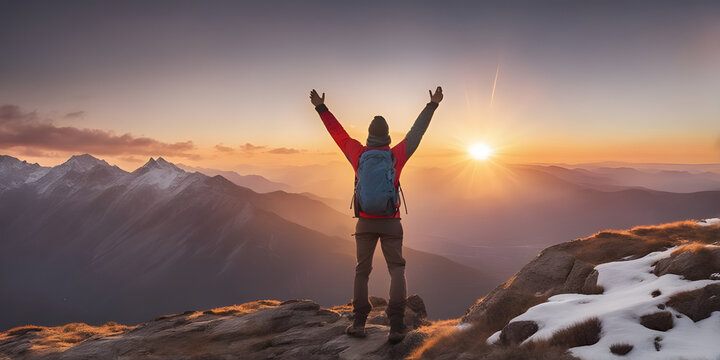 Young Man Hiker Looking Sunset At Top Of The Mountain. Goals Concept. Success Concept.