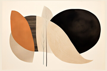 an abstract art print has the shape of a leaf, in the style of black and beige, earthy color palettes, asymmetric designs, cardboard, nature-inspired shapes, imitated material, terracotta