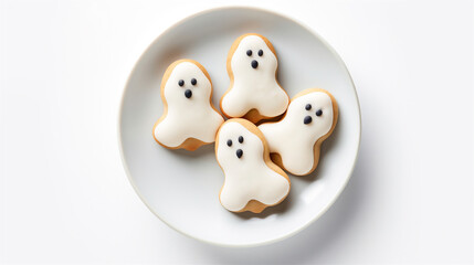 Top Down Photograph, Halloween Ghost Cookies Isolated on a White Background, Generative AI