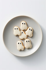 Top Down Photograph, Halloween Ghost Cookies Isolated on a White Background, Generative AI