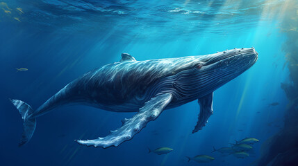 A humpback whale swimming leisurely in the blue sea, generate AI