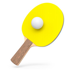 Yellow ping pong racket for table tennis with ball isolated on white background