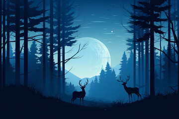 Hyperdetailed vector wallpaper of a moonlit forest clearing with deer silhouettes in the distance, atmospheric perspective, and a calming symmetrical composition.