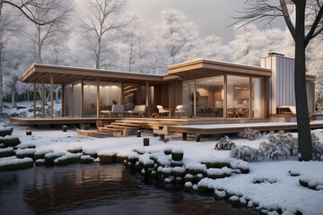 Obraz premium modern scandi-style house, winter, snow in the yard, firewood at home,