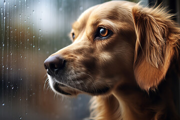 of a sad lonely dog looking out a window, close up on the dog's face, expressive face, it is cloudy outside and there are raindrops on the window