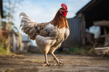shot of a hen freely walking around in a farm yard