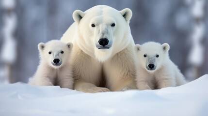 Polar bear with her cubes in the snow background, The polar bear cubs are snuggling with their mother in the icy Arctic environment.
