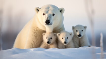 Polar bear with her cubes in the snow background, The polar bear cubs are snuggling with their mother in the icy Arctic environment.

