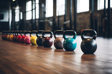 shot of a variety of kettlebells lined up on the gym floor