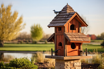 Shot of brick and wood combo birdhouse in prairie