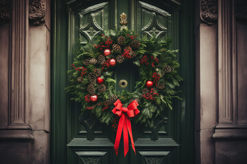 shot of christmas wreath hanging on a church door
