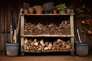 Keuken spatwand met foto shot of rustic log store stacked with firewood © Nate